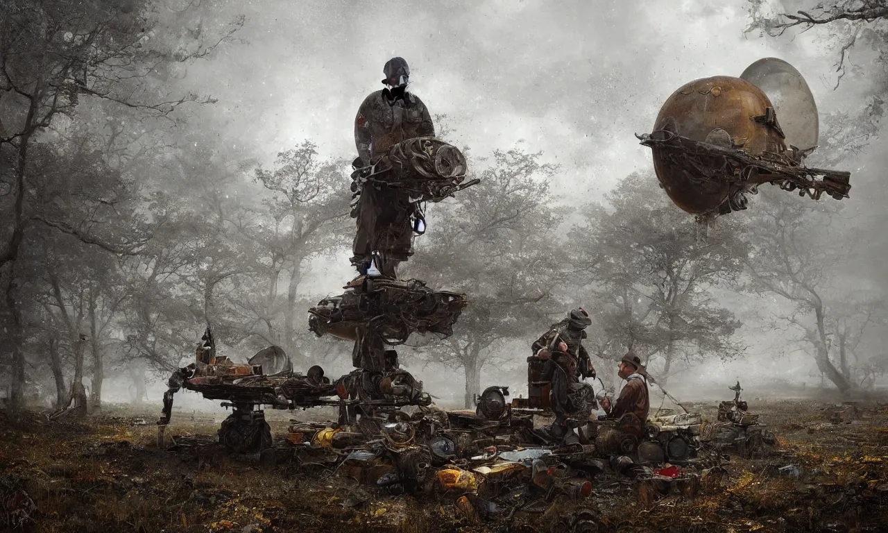 Prompt: Portrait of man repairing the core of special ancient flying saucer full of ancient military equipment, high detail, ground fog, wet reflective ground, saturated colors, by Darek Zabrocki, render Unreal Engine