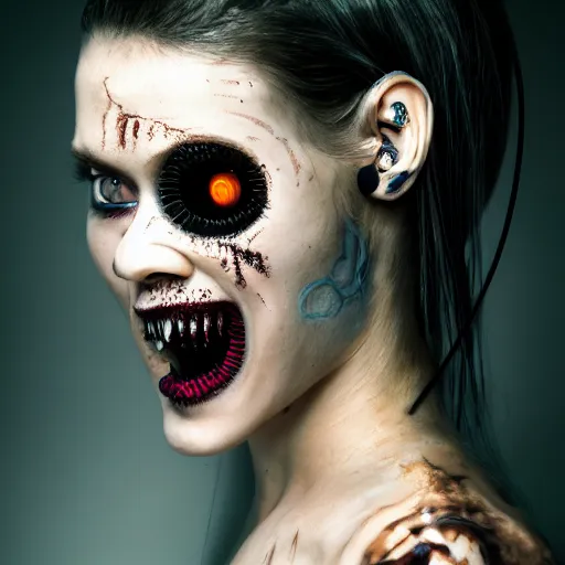 Image similar to a terrifying but beautiful woman with, wires for hair, glowing eyes, razor sharp teeth, computers, horror, studio lighting, 8 5 mm f 1. 8, cyberpunk, art by, masterpiece, trending, highly detailed, realistic