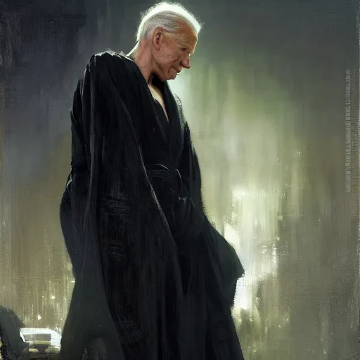 Prompt: detailed realistic cinematic wide shot of beautiful attractive young joe biden cyborg man wearing black bath robe slim face symettrical face clean skin black eyes black robe smooth, sharp focus, ultra realistic, spring light, painting by gaston bussiere, craig mullins, j. c. leyendecker