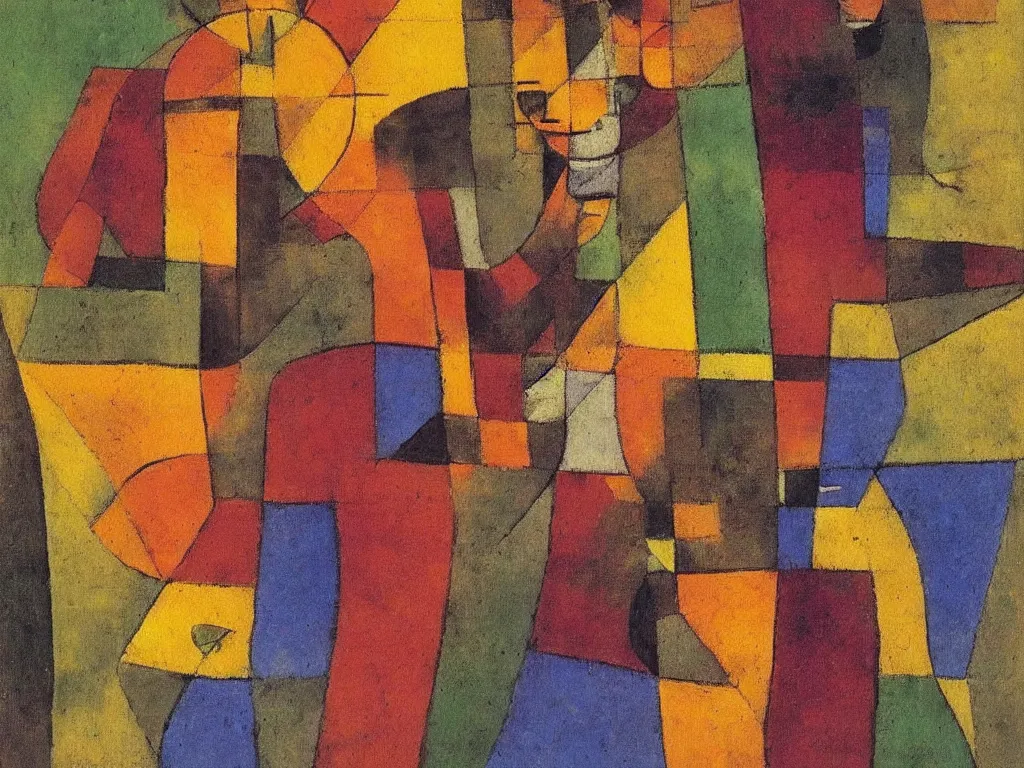 Prompt: portrait of a joyful hunter. painting by paul klee