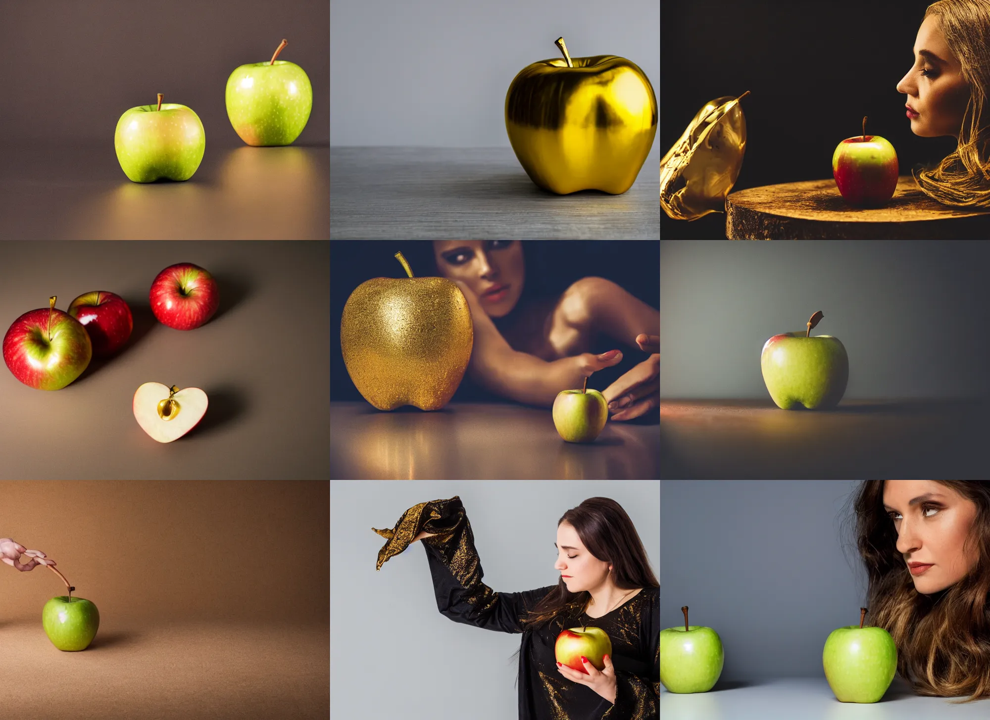 Prompt: photo still of gold apple being offered by a witch, dynamic angle, 8 k, studio lighting bright ambient lighting key light, 8 5 mm f 1. 8