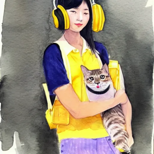 Image similar to cute Chinese young woman with headphones and a yellow backpack in New York, she has a cat, highly detailed watercolor painting