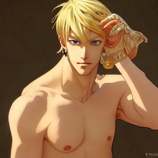 Prompt: highly detailed vfx portrait of a blond mid - section pretty boy by eiichiro oda, makoto shinkai, alphonse mucha, sharp focus, art by artgerm and greg rutkowski!, backlit, harsh overhead sunlight, detailed,