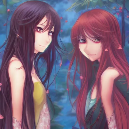 Prompt: two gorgeous female wizards standing face to face, detailed anime art