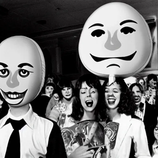 Image similar to live-action film a teenage girl with an inflatable cartoon head at the prom, and other students are laughing at her on the dancefloor, john waters film, 1974, technicolor