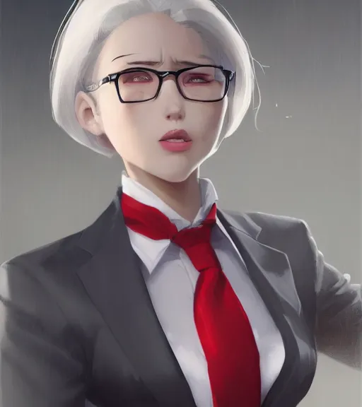 Prompt: a girl in a business suit, close up, sharp focus, red necktie, grey hair, happy expression, full body shot, pixiv, digital painting, by tran ross and jordan grimmer and greg rutkowski, anime art, artstation, hd, smooth