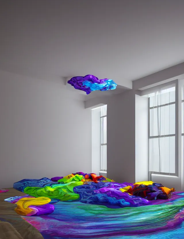 Image similar to wide angle colorful photo of floating bed above floor in the middle of epic room with windows opening to other dimensions by andrzej sykut by lee madgewick by m. c. escher, photorealistic, octane render, recursive!!!!, flowing, cascading, multiverse!!!!!!, labyrinthine, optical illusion
