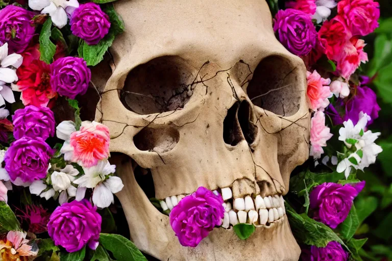 Image similar to human skull made of flowers and filled with flowers, high resolution, high detail, 4 k, 8 k