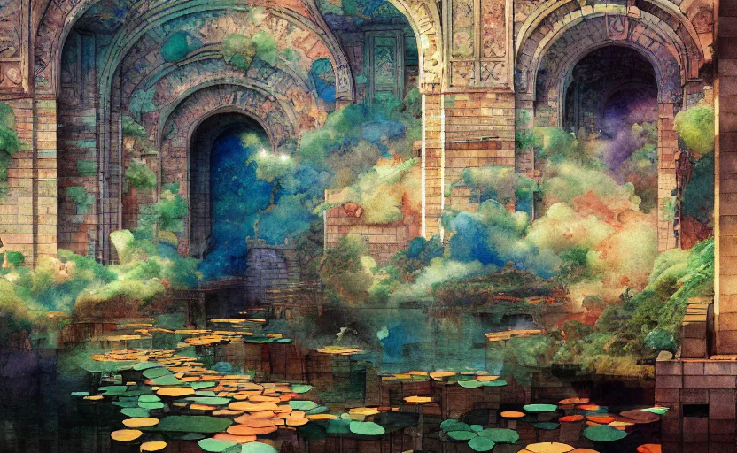 Image similar to tiled room squared waterway, aqueducts, fantasy. intricate, amazing composition, colorful watercolor, by ruan jia, by maxfield parrish, by marc simonetti, by hikari shimoda, by robert hubert, by zhang kechun, illustration, gloomy