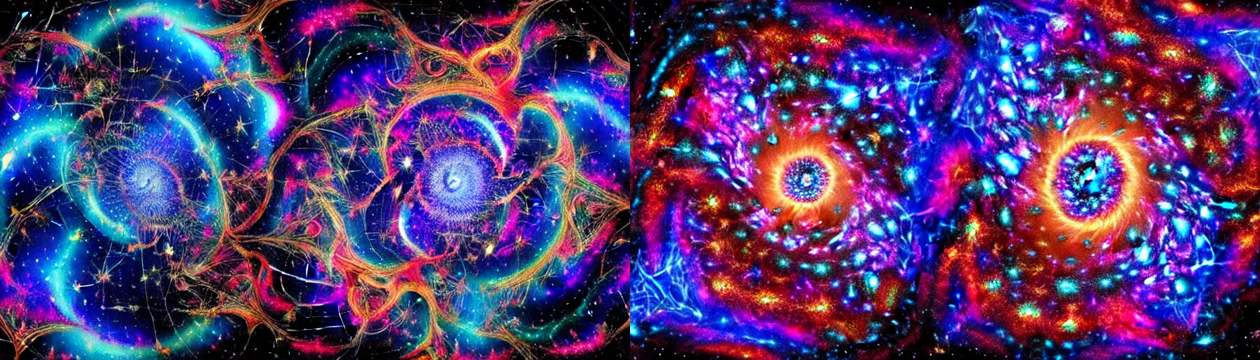 Image similar to a galaxy exploding, psychedelic colors, a blacksmith swinging his hammer at his forge, realistic reflections, body building blacksmith, stars, psychedelic patterns, fractal, rippling fabric of reality, the spider that weaves the web of time