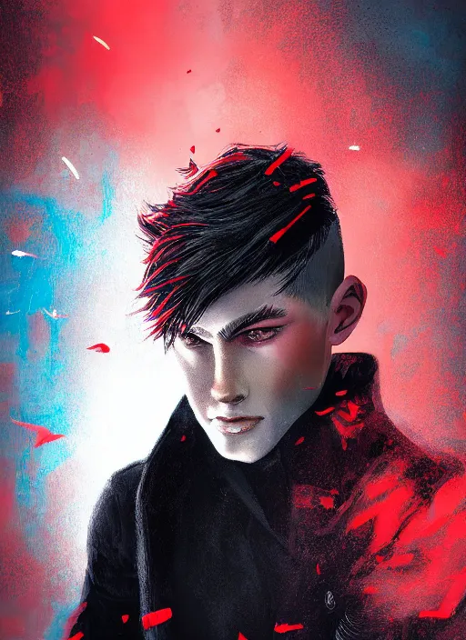 Image similar to An epic fantasy comic book style portrait painting of a young man with black cowlick haircut, wearing black overcoat, red clothes, blue jeans. Unreal 5, DAZ, hyperrealistic, octane render, cosplay, RPG portrait, dynamic lighting