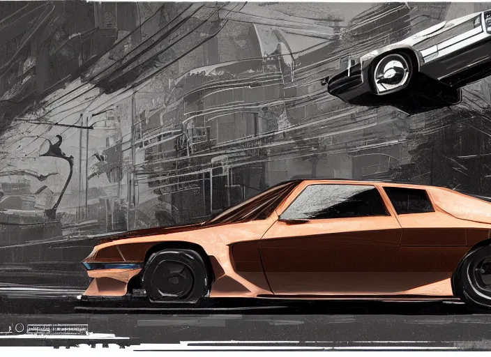 Prompt: wide view shot of a copper colored car with some black and white paint, designed by dmc and gmc, concept art style by john berky and liam wong and michael whelan.