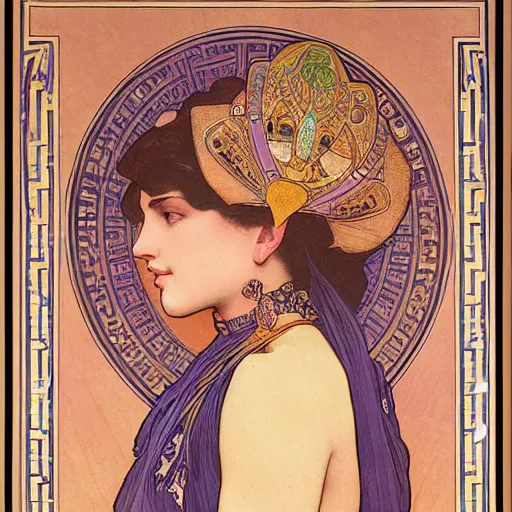 Prompt: a beautiful portrait of a woman inspired by the ishtar gate in ancient babylon. highly detailed face. art by alphonse mucha