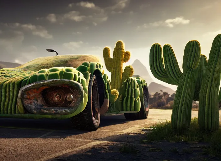 Image similar to hd wallpaper of a car made out of cactus, octane render, 8 k, hyperrealistic, unreal 5, intricate detail, cinematic, studio lighting, concept art, trending on artstation