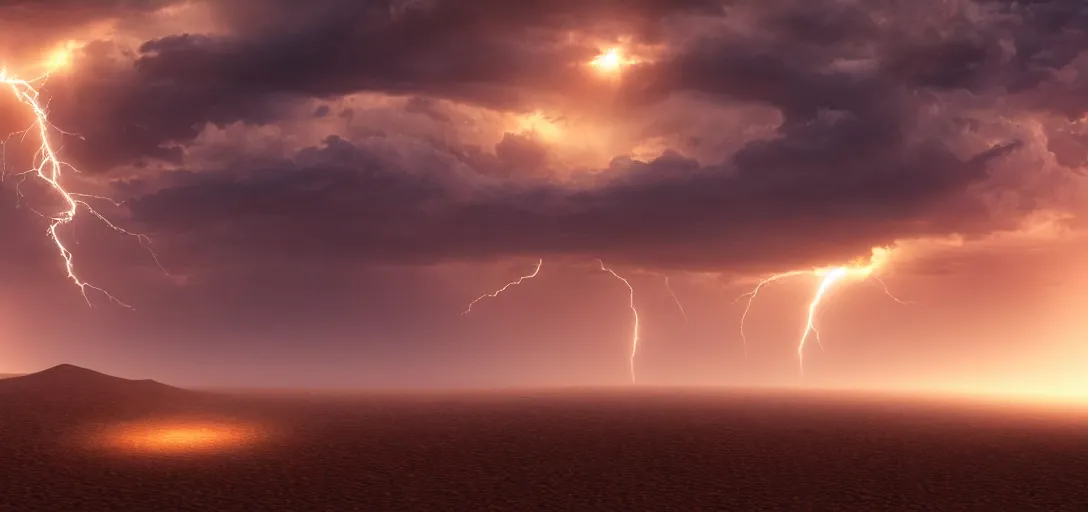 Image similar to a beautiful picture of a desert, intricate detail, god rays, an extremely close lightning strike, sunset, serene, volumetric lighting, volumetric clouds, 8 k, hyperrealistic, digital art trending on artstation