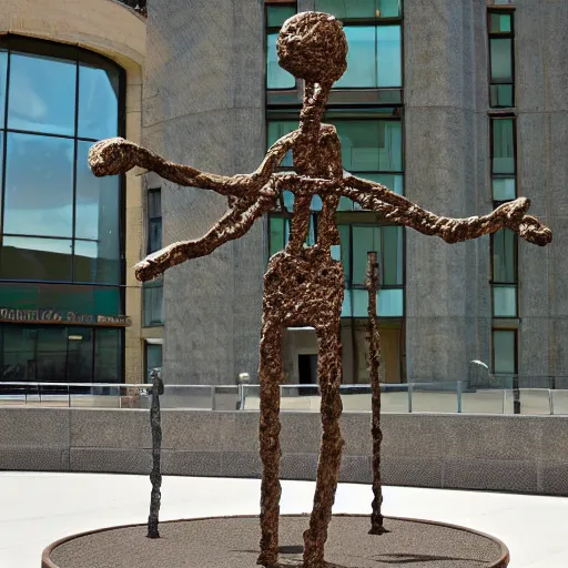 Prompt: high resolution photograph of a bronze cast stick figure sculpture in a roundabout in the style of giacometti