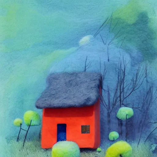 Image similar to small wooden house in the middle of spring forest, bright colours, watercolor, volumetric wool felting, macro photography, children illustration, by goro fujita