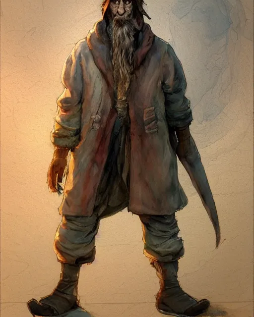 Image similar to a oil / watercolor painting full body character portrait of a homeless sorcerer in the style of moebius in the style of leonard boyarsky trending on artstation deviantart pinterest detailed photorealistic highlights and shadow hd 8 k post - processing high resolution