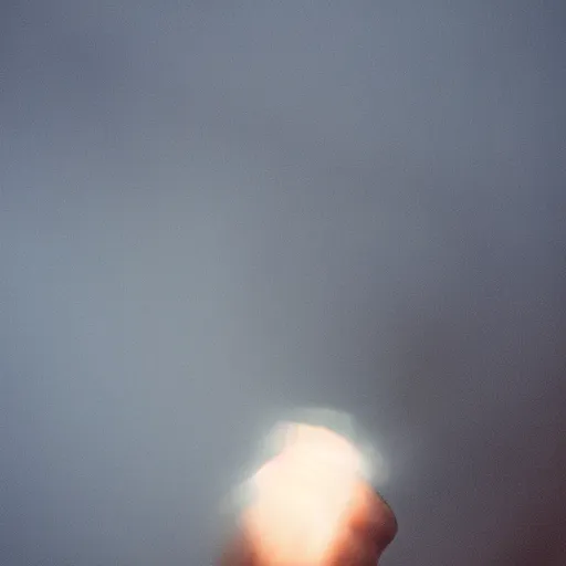 Prompt: a blurry aura glowing in a white mist, human holding hand out