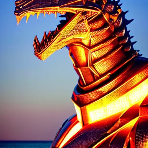 Image similar to chest up bust shot, realistic detailed stunning beautiful armored anthropomorphic humanoid robot female dragon, looking to the side with an elegant pose, smooth and streamlined armor and design made of steel, sharp claws and sharp teeth, high quality head, Slick LEDs, standing on two legs, on the beach during sunset, high quality, cinematic art, sci fi, sunset lighting, 3D render, 8k, artstation, deviantart, furaffinity