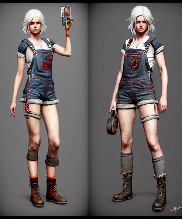 Prompt: full body pose, ciri, torn overalls, short shorts, combat boots, beautiful, highly detailed face!, extremely detailed!, digital painting, unreal engine 5, art by tom bagshaw