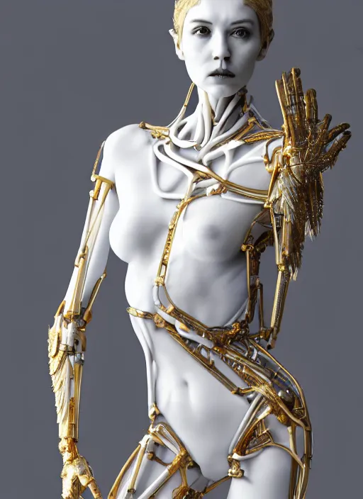 Image similar to a statue made of white marble with gold veins, of an beautiful gorgeous futuristic cybernetic angel girl, prostheses, transhumanism, full body shot, perfect symmetrical body, perfect symmetrical face, hyper realistic, hyper detailed, by johannen voss, by peter kemp, by monia merlo, by michelangelo, octane render, blender, 8 k