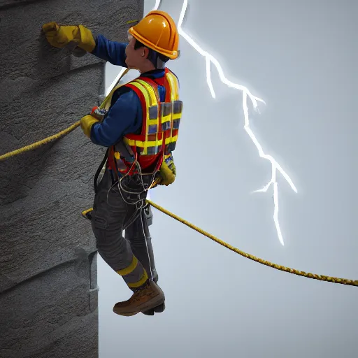 Image similar to rope access technician, extreme cold, cloudy weather, octane render, volumetric lightning, hyperrealistic, cgi, - q 2, 8 k