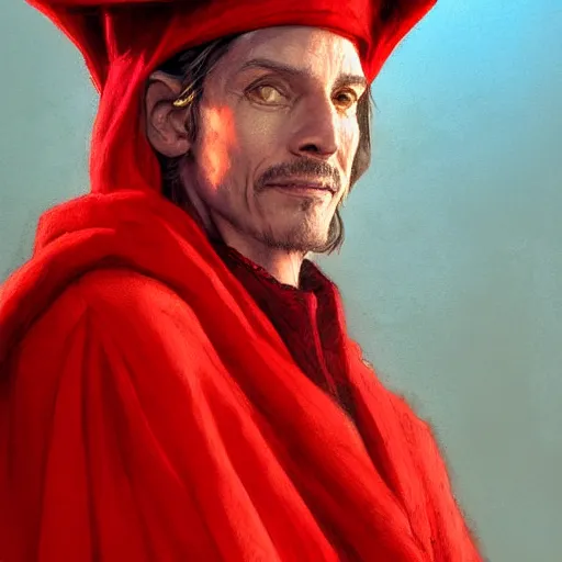 Image similar to portrait of rincewind wearing bright red wizard robe and hat by greg rutkowski and raymond swanland