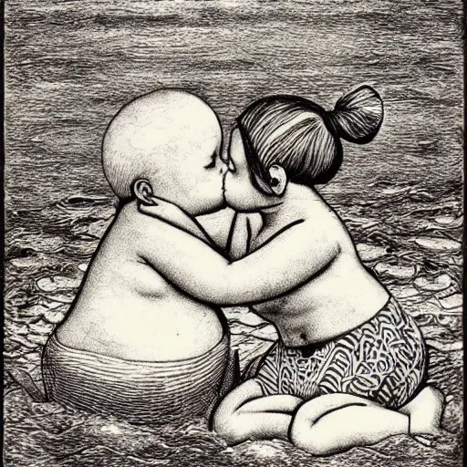 Image similar to the same style. the most beautiful little fat sweet girl is kissing a huge colorful cute fish. modern etching. colored print. hype realistic scene.