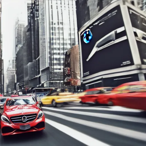 Prompt: magazine ad of a mercedes benz driving through new york city. cinematic. 8 k. octane render.