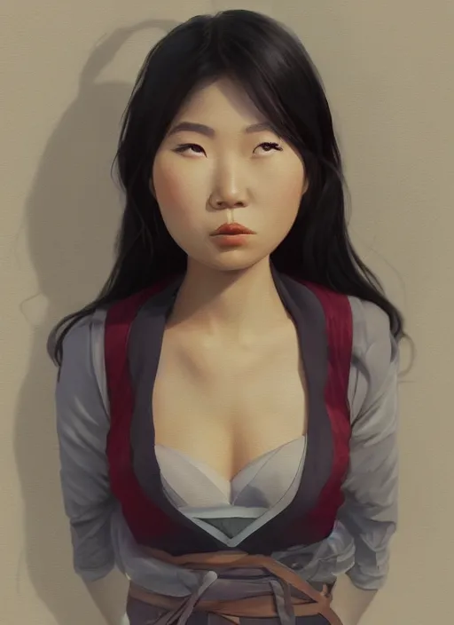 Image similar to a painting of cute Asian woman frowning, in the style of DreamWorks animation, low angle view, 16mm lens, award winning, mid-shot, hyper detailed, dramatic lighting, artstation, octane renderer, unreal engine