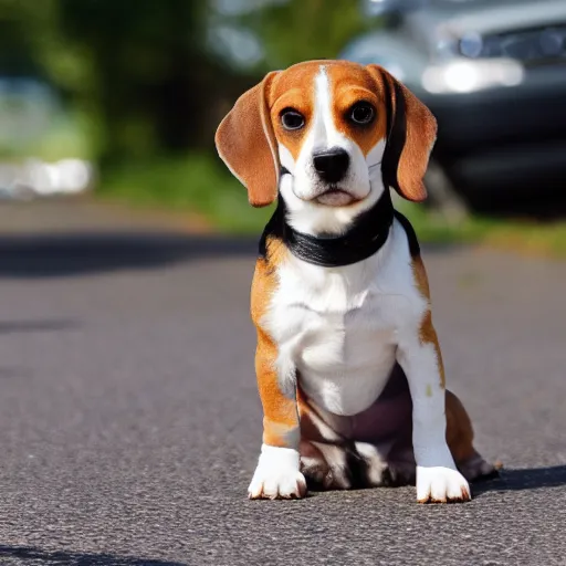 Prompt: beagle dog getting ran over by a car