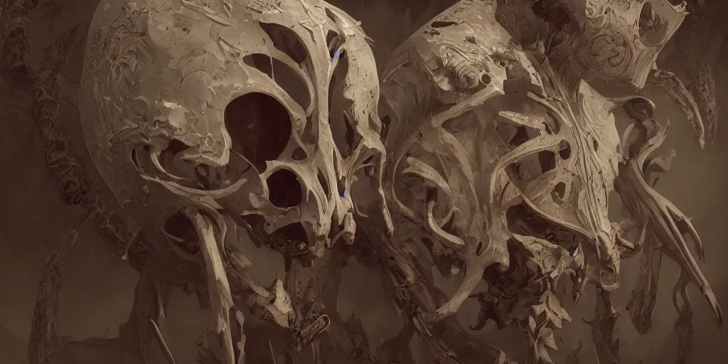 Image similar to bone mask design, character sheet, Moebius, Greg Rutkowski, Zabrocki, Karlkka, Jayison Devadas, Phuoc Quan, trending on Artstation, 8K, ultra wide angle, zenith view, pincushion lens effect.
