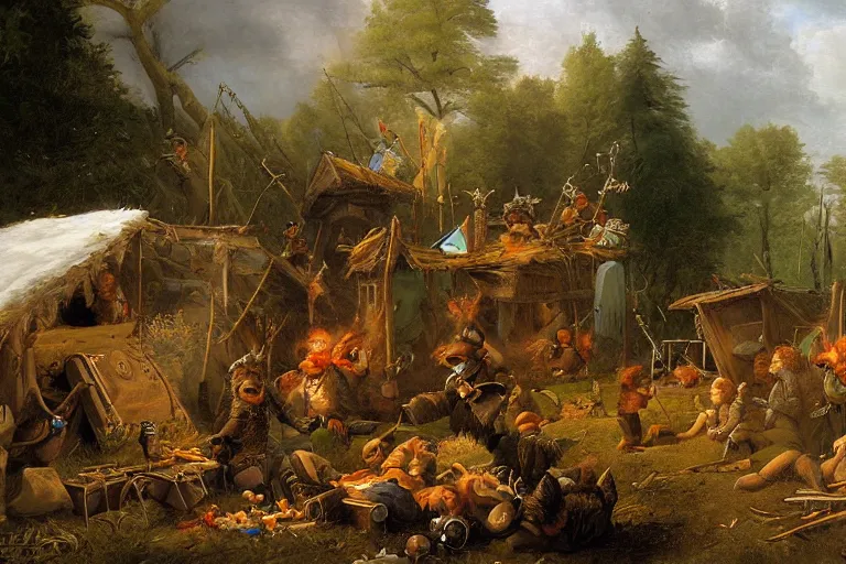 Prompt: hyperborean battle painting of gnomes sieging a encampment held by squirrels by Emanuel Leutze