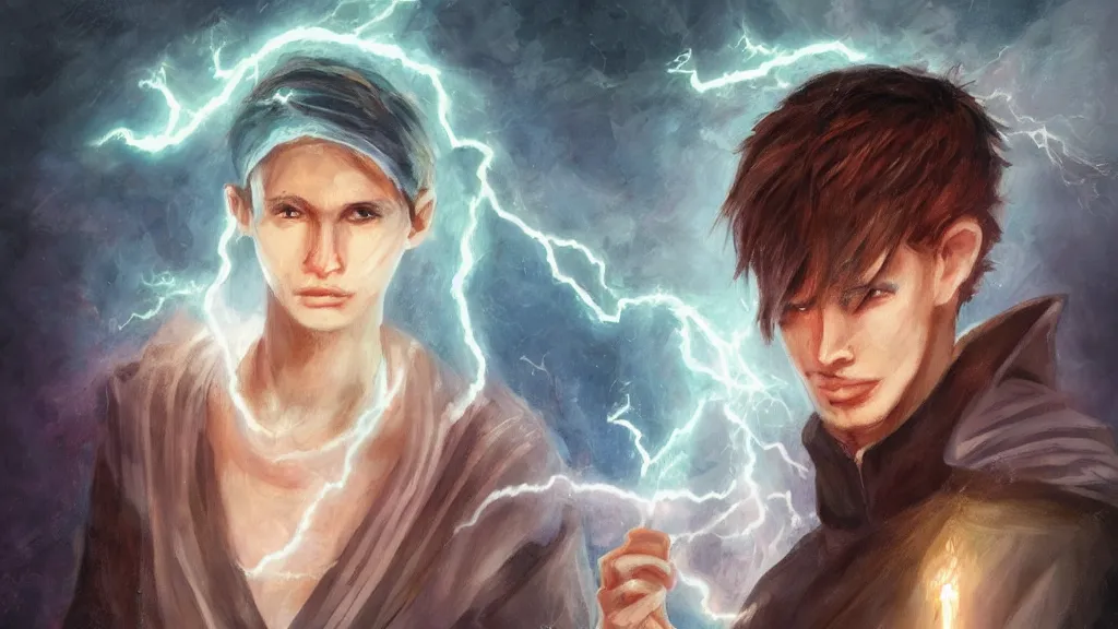 Image similar to portrait of a mage, genderless, lightning, realistic
