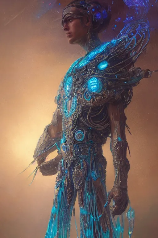 Prompt: portrait of an angelic male with intricate body armor made of bioluminescence wires by gaston bussiere, joe fenton and anato finnstark, arstation and beeple highly, feathers, shimmer detailed, cinematic lighting, octane render, unreal engine lumen, very coherent. cinematic, hyperrealism, high detail, octane render, 8 k