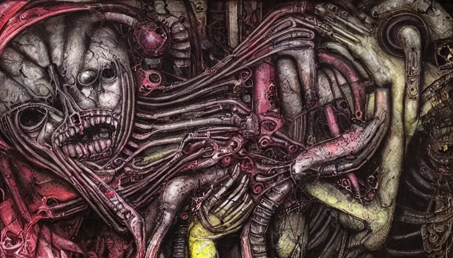 Image similar to h. r. giger, sorrow intense likely, acid bleeding deep colors, sense of decay given, throw into the abyssal despair, various refining techniques, micro macro auto focus