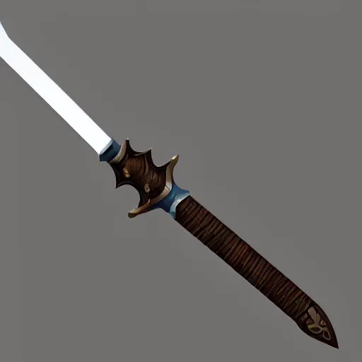 Prompt: silver sword with brown hilt icon, isometric, vector, low poly, blue background, cgsociety, volumetric lighting