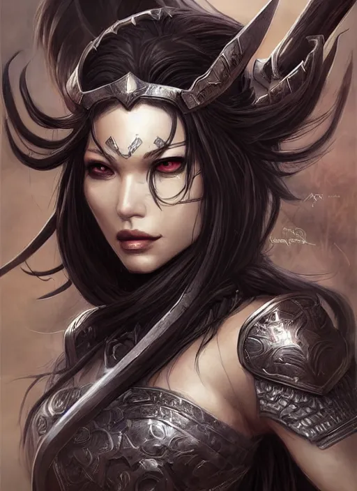 Image similar to beautiful warrior lady, black long hair, practical armor, brown skin, demonic eyes, low fantasy, extremely detailed, sharp focus, smooth, digital illustration, by rossdraws, frank franzzeta, sakimichan