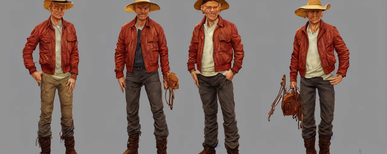 Prompt: character design, turnaround, zoomed out, 40's adventurer, unshaven, optimistic, stained dirty clothing, straw hat, riding boots, red t-shirt, dusty brown bomber leather jacket, detailed, concept art, photorealistic, hyperdetailed, 3d rendering , art by Leyendecker and frazetta,