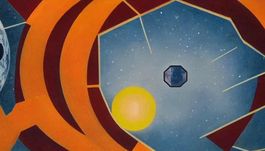 Image similar to the sun being blocked by a hexagon in space, planet earth in the foreground, art deco painting