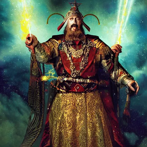 Prompt: ivan the terrible king floating in the cosmos with cosmic energy by tim walker and craig mullins,