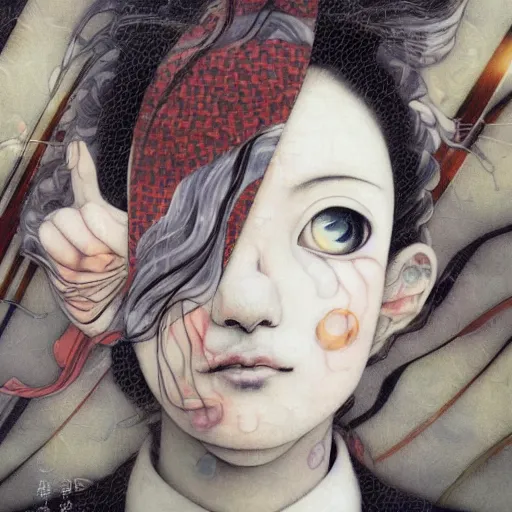 Image similar to yoshitaka amano blurred and dreamy realistic portrait of a woman with black eyes and white hair wearing dress suit with tie, junji ito abstract patterns in the background, satoshi kon anime, noisy film grain effect, highly detailed, renaissance oil painting, weird portrait angle, blurred lost edges, three quarter view