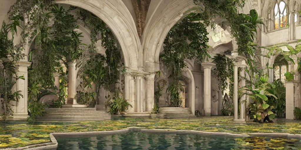 Prompt: cathedral interior with koi pond in the middle surrounded by palm trees, ivy, flowers, tropical plants, roses, and with archways. rendered in octane render with photorealistic lighting, leyendecker, greg rutkowski, artgerm