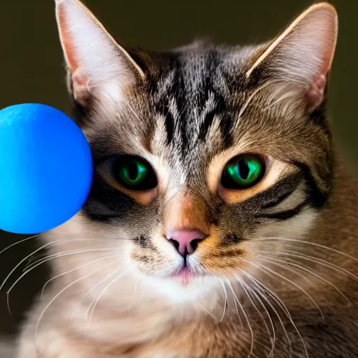 Prompt: a cat playing with a blue ball, XF IQ4, 150MP, 50mm, f/1.4, ISO 200, 1/160s, natural light, Adobe Photoshop, Adobe Lightroom, DxO Photolab, Corel PaintShop Pro, rule of thirds, symmetrical balance, depth layering, polarizing filter, Sense of Depth, AI enhanced