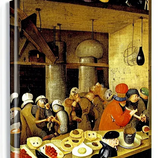 Prompt: inside a waffle making factory by hieronymus bosch, happy chef, highly detailed, colorful