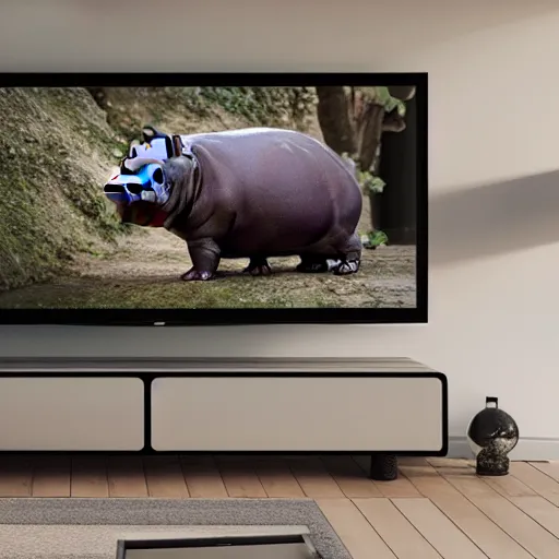 Prompt: a baby hippo lives in a cozy house. it likes to watch tv in the family room. digital art. 3 d render, photorealistic, hyper realistic, ue 5, octane.