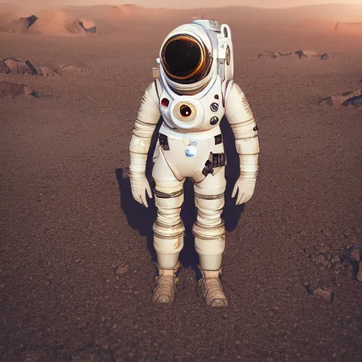 Image similar to portrait photography of a white steampunk space engineer suit, in an desert alien planet, ultra detail, beautiful light, high detail, 8 k, f / 2. 8, octane render