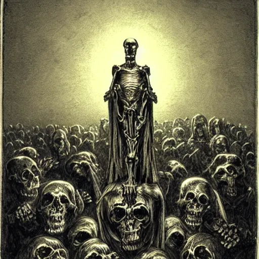 Prompt: congregation of skeletal ferrets worshipping a shining idol, Gustave Dore art style, grunge, matte