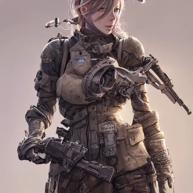 Prompt: the portrait of lawful neutral female futuristic infantry sniper as absurdly beautiful, gorgeous, elegant, young woman looking up, an ultrafine hyperdetailed illustration by kim jung gi, irakli nadar, intricate linework, bright colors, octopath traveler, final fantasy, unreal engine 5 highly rendered, global illumination, radiant light, detailed and intricate environment